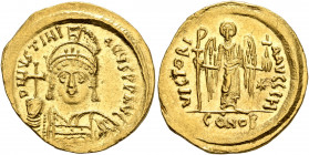 Justinian I, 527-565. Solidus (Gold, 21 mm, 4.45 g, 7 h), Constantinopolis, 545-565. D N IVSTINIANVS P P AVG Helmeted and cuirassed bust of Justinian ...