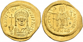 Justinian I, 527-565. Solidus (Gold, 20 mm, 4.39 g, 6 h), Constantinopolis, 545-565. D N IVSTINIANVS P P AVI Helmeted and cuirassed bust of Justinian ...