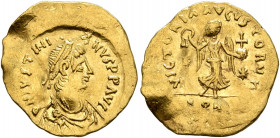 Justinian I, 527-565. Tremissis (Gold, 16 mm, 1.46 g, 5 h), Constantinopolis. D N IVSTINIANVS P P AVG Pearl-diademed, draped and cuirassed bust of Jus...