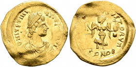 Justinian I, 527-565. Tremissis (Gold, 16 mm, 1.45 g, 6 h), Constantinopolis. D N IVSTINIANVS P P AVG Pearl-diademed, draped and cuirassed bust of Jus...
