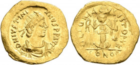 Justinian I, 527-565. Tremissis (Gold, 16 mm, 1.41 g, 5 h), Constantinopolis. D N IVSTINIANVS P P AVG Pearl-diademed, draped and cuirassed bust of Jus...