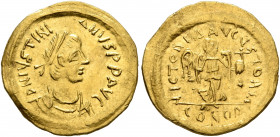 Justinian I, 527-565. Tremissis (Gold, 15 mm, 1.45 g, 6 h), Constantinopolis. D N IVSTINIANVS P P AVG Pearl-diademed, draped and cuirassed bust of Jus...