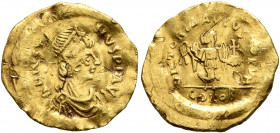 Justinian I, 527-565. Tremissis (Gold, 15.5 mm, 1.40 g, 6 h), Constantinopolis. D N IVSTINIANVS P P AVG Pearl-diademed, draped and cuirassed bust of J...