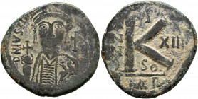Justinian I, 527-565. Half Follis (Bronze, 28 mm, 9.93 g, 9 h), Carthage, RY 13 = 539/40. D N IVSTINIANVS P P AVI Helmeted and cuirassed bust of Justi...