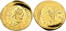 Justinian I, 527-565. Tremissis (Gold, 15 mm, 1.45 g, 5 h), Sicily. D N IVSTINIANVS P P AVG Pearl-diademed, draped and cuirassed bust of Justinian I t...