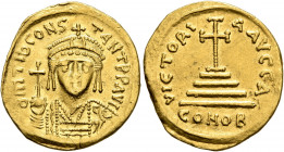 Tiberius II Constantine, 578-582. Solidus (Gold, 21 mm, 4.32 g, 6 h), Constantinopolis, 579-582. δ m TIb CONSTANT P P AVG Draped and cuirassed bust of...