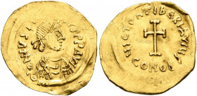 Tiberius II Constantine, 578-582. Tremissis (Gold, 17 mm, 1.42 g, 5 h), Constantinopolis. o N IVSTINVS P P AVI Diademed, beardless and draped bust of ...