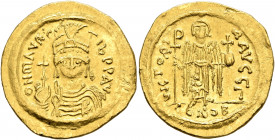 Maurice Tiberius, 582-602. Solidus (Gold, 21 mm, 4.40 g, 6 h), Constantinopolis, 583-601. O N mAVRC TIb P P AV Draped and cuirassed bust of Maurice Ti...