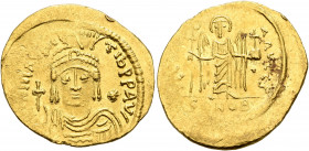 Maurice Tiberius, 582-602. Light weight Solidus of 23 Siliquae (Gold, 22 mm, 4.30 g, 7 h), Constantinopolis, 583-601. O N mAVRC TIb P P AVI Draped and...
