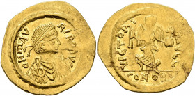 Maurice Tiberius, 582-602. Semissis (Gold, 20 mm, 2.14 g, 7 h), Constantinopolis. ο N mAVRI P P AV' Pearl-diademed, draped and cuirassed bust of Mauri...
