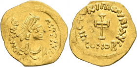 Maurice Tiberius, 582-602. Tremissis (Gold, 16 mm, 1.46 g, 6 h), Constantinopolis. O N TIbЄRI P P AVG Pearl-diademed, draped and cuirassed bust of Mau...