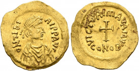 Maurice Tiberius, 582-602. Tremissis (Gold, 17 mm, 1.48 g, 7 h), Constantinopolis. D N TIbI-RI P P AVG Pearl-diademed, draped and cuirassed bust of Ma...