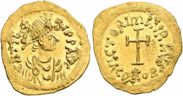 Maurice Tiberius, 582-602. Tremissis (Gold, 16 mm, 1.50 g, 7 h), Constantinopolis. O N TIbЄRI P P AVG Pearl-diademed, draped and cuirassed bust of Mau...