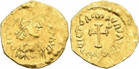 Maurice Tiberius, 582-602. Tremissis (Gold, 16 mm, 1.28 g, 6 h), Constantinopolis. O N TIbЄRI P P AVG Pearl-diademed, draped and cuirassed bust of Mau...