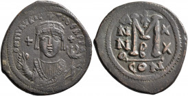 Maurice Tiberius, 582-602. Follis (Bronze, 32 mm, 13.19 g, 7 h), Constantinopolis, RY 20 = AD 601/2. D N mAVRIC TibЄR P P AVG Crowned facing bust of M...
