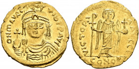 Maurice Tiberius, 582-602. Solidus (Gold, 21 mm, 4.51 g, 7 h), Theoupolis (Antiochia). O N mAVRC TIb P P AVG Draped and cuirassed bust of Maurice Tibe...