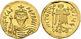 Phocas, 602-610. Solidus (Gold, 20 mm, 4.41 g, 7 h), Constantinopolis, 607-610. δ N FOCAS PERP AVI Draped and cuirassed bust of Phocas facing, wearing...