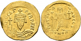 Phocas, 602-610. Solidus (Gold, 21 mm, 4.45 g, 7 h), Constantinopolis, 607-610. δ N FOCAS PERP AVI Draped and cuirassed bust of Phocas facing, wearing...