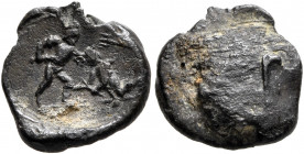 ROMAN. 2nd-3rd centuries. Seal (Lead, 12 mm, 1.35 g). Two gladiators in combat: on the left, a scutor wearing a helmet and an arm guard and holding a ...