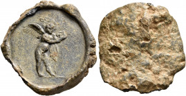 ROMAN. 2nd-3rd centuries. Seal (?) (Lead, 33 mm, 24.46 g). Eros standing to right, holding kantharos. Rev. Blank. Unpublished in standard references. ...