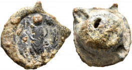 Anonymous, circa 300-350. Seal (Lead, 17 mm, 4.41 g, 6 h). The sacrifice of Isaac: Abraham standing left, holding dagger in his uplifted right hand an...