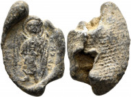 Anonymous, circa 5th-6th centuries. Seal (Lead, 22 mm, 4.73 g). ΠACK Nimbate angel standing front. Rev. Textile imprint. Unpublished in the standard r...