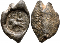 Papinios (?), circa 5th century. Seal (Lead, 28 mm, 11.00 g). Monogram of ΠAΠINIOV (?) Lion advancing to left; above, facing imperial bust; star and c...