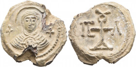 Elpidios, circa 550-650. Seal (Lead, 27 mm, 14.26 g, 12 h). Facing bust of the Mother of God, nimbate, holding Christ, wearing nimbus cruciger, flanke...