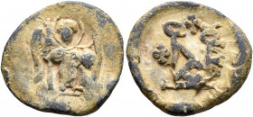 Uncertain, circa 550-650. Tessera (Lead, 21 mm, 5.23 g, 12 h). Saint Michael standing front, nimbate, holding scepter in his right hand and globe in h...