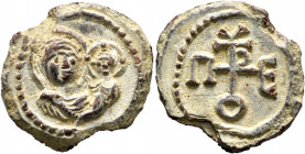 Petros (or Eutropios), circa 550-650. Seal (Lead, 25 mm, 11.42 g, 12 h). Half-length bust of the Mother of God, nimbate, holding Christ, wearing nimbu...
