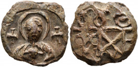Uncertain, circa 550-650. Seal (Lead, 20 mm, 7.69 g, 12 h). The Mother of Gold, wearing nimbus, holding Christ, wearing nimbus cruciger. Rev. Complex ...