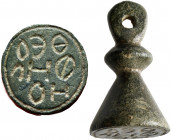Theophilos, 7th century. Stamp Seal (Bronze, 15x24 mm, 10.63 g). ΘЄO/ΦΗΛ/HO engraved retrograde in three lines. Very fine.