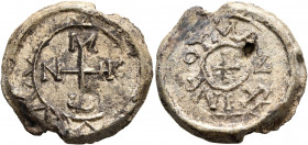 Monastery of Mantineion, 740-800. Seal (Lead, 26 mm, 12.13 g). Cruciform monogram MONHC within decorated circular border. Rev. MANTINЄ[I]OV within dec...