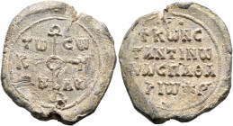 Konstantinos, imperial protospatharios, 2nd half 8th-1st half 9th century. Seal (Lead, 29 mm, 13.42 g, 12 h). Large cruciform monogram ΘЄOTOKЄ BOHΘH; ...