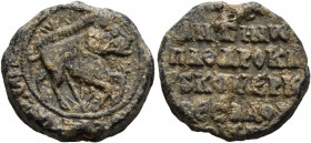 Konstantinos, spatharokandidatos and kommerkiarios of Thessalonica, circa 9th century. Seal (Bronze, 19.5 mm, 6.59 g, 11 h). Traces of an invocational...