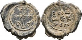 Leon, ek prosopou, 10th century. Seal (Lead, 28 mm, 13.62 g). Patriarchal cross with floral ornaments springing from base; the lower cross bar has a S...