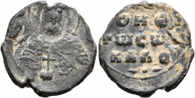 Kalos, late 10th-11th century. Seal (Lead, 21 mm, 6.16 g, 12 h). Nimbate, half-length bust of a Saint, holding a cross. Rev. [+KЄ R]OHΘ[H] / TⲰ CⲰ [Δ,...