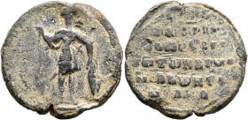 N. Melias (?), patrikios and topoteretes of Armeniakon, 11th century. Seal (Lead, 29 mm, 17.06 g, 12 h). 

 Saint Theodore, nimbate, standing facing...
