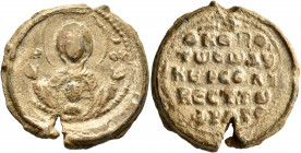 Roussel de Bailleul (Kourselios Phrangos), vestes, 1070-1072. Seal (Lead, 29 mm, 17.65 g, 12 h). MHP ΘV Nimbate Mother of God “Episkepsis”, raising bo...