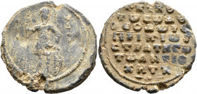 Theodoros Antiochites, patrikios and strategos, circa 1050-1075. Seal (Lead, 39 mm, 22.08 g, 11 h). Θ / Θ/Є-ⲰΔOP,
 Saint Theodore, nimbate, standing ...