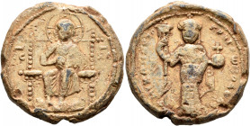 Michael VII Doukas, 1071-1078. Seal (Lead, 30 mm, 22.70 g, 11 h). IC - XC Christ seated facing on an ornate throne, wearing cross-nimbus, raising his ...