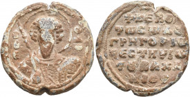 Gregorios, vestes, son of Brachamios, 11th century. Seal (Lead, 29 mm, 13.91 g, 12 h). Θ / Θ/Є-Ⲱ/Δ/O Nimbate facing bust of Saint Theodore, holding a ...