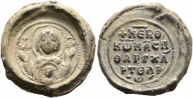 Konstantinos, protospatharios and chartoularios, 1050-1100. Seal (Lead, 21 mm, 7.07 g, 11 h). MHP - ΘV Nimbate Mother of God “Episkepsis”, raising bot...