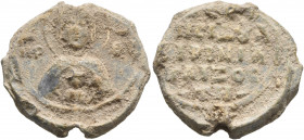 Eirene, nun and zoste, 2nd half 11th century. Seal (Lead, 21 mm, 7.45 g, 12 h). MHP - ΘV The Mother of God “Nikopoios”, nimbate, holding medallion of ...