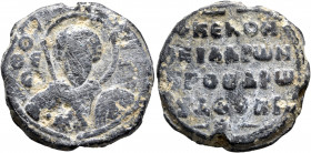 Aaron, proedros and doux, mis 11th century. Seal (Lead, 25 mm, 12.82 g, 12 h). Θ ΘЄ/O-Δ/Ⲱ[P]/O, Nimbate facing bust of Saint Theodore, holding spear o...