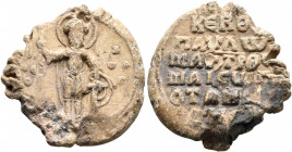 Paulos Mesopotamites, magistros, 1050-1100. Seal (Lead, 23 mm, 10.65 g, 12 h). Θ / ΘЄ/O-Δ/ⲰP/O, Saint Theodore, nimbate, standing facing, holding spea...