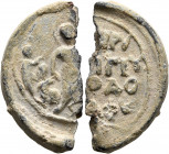 The clerics of the Church of the Holy Sepulchre, 12th century. Seal (Lead, 15x29 mm, 10.15 g, 12 h). The Anastasis: Christ advancing right, leading Ad...