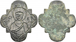 Anonymous, circa 12th-14th centuries. Uniface Appliqué (Bronze, 27x30 mm, 2.43 g). O A - ΓΗ / ΔI Nimbate saint (Saint Demetrios?) to front within deco...