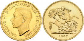 BRITISH, Windsor. George VI, 1936-1952. 5 Pounds (Gold, 36 mm, 40.09 g, 12 h), London, 1937. GEORGIVS VI D:G:BR:OMN:REX F:D:IND:IMP. Bare head of Geor...