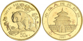 CHINA, ZHŌNGHUÁ RÉNMÍN GÒNGHÉGUÓ (PEOPLE'S REPUBLIC OF CHINA), 1949-pres. 50 Yuan (1/2 oz) (Gold, 27 mm, 17.14 g, 12 h), Panda. Friedberg B5. KM 990. ...
